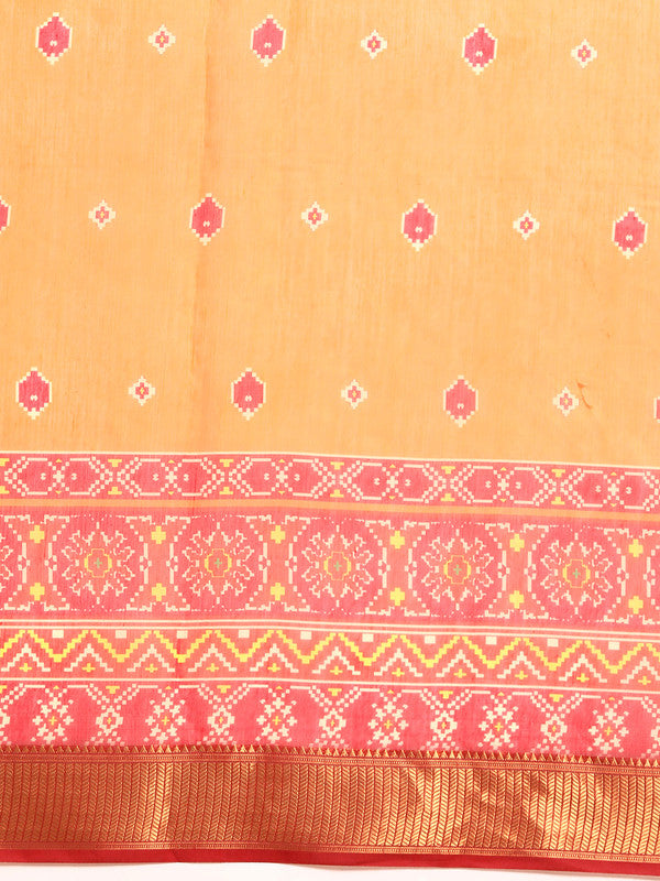 Mustard Silk Cotton Floral Printed Saree with Unstitched Blouse