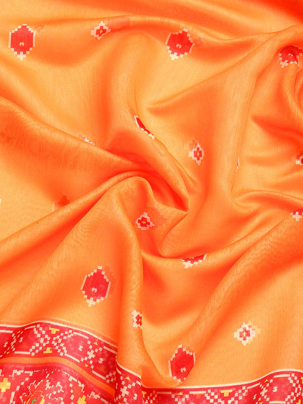 Mustard Silk Cotton Floral Printed Saree with Unstitched Blouse