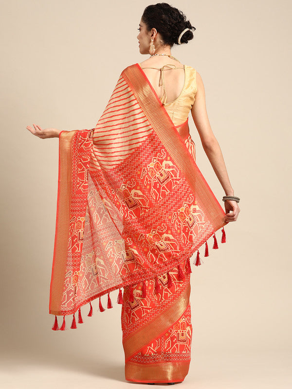 Orange Silk Cotton Striped Saree with Unstitched Blouse