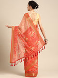 Orange Silk Cotton Striped Saree with Unstitched Blouse