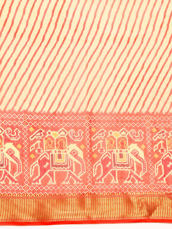 Orange Silk Cotton Striped Saree with Unstitched Blouse