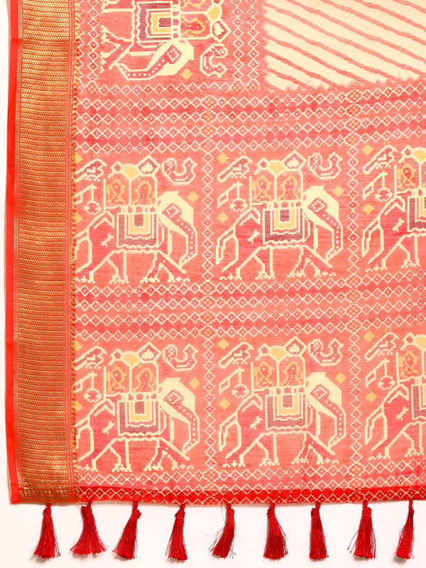 Orange Silk Cotton Striped Saree with Unstitched Blouse