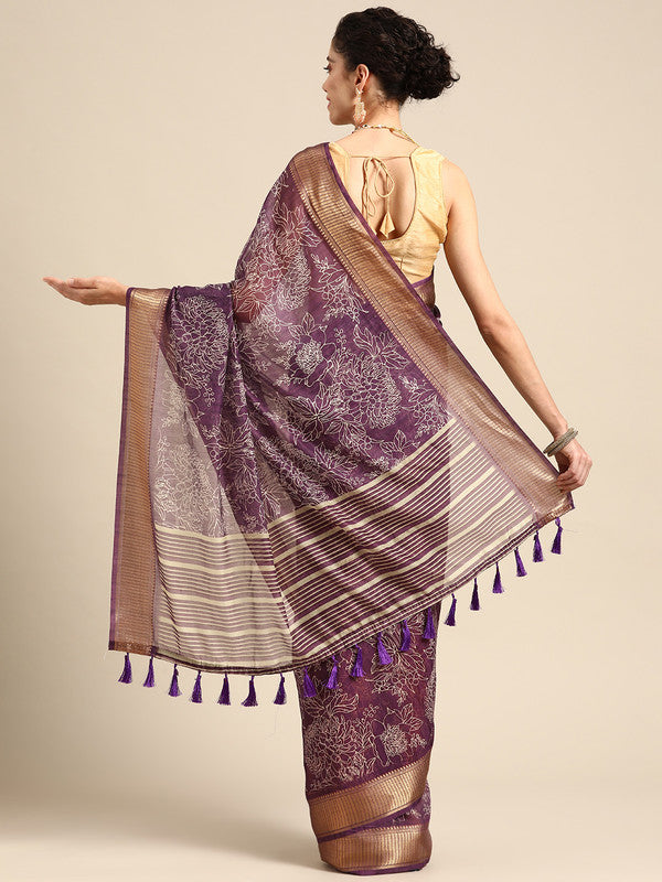 Purple Silk Cotton Saree with Floral Print and Blouse Piece