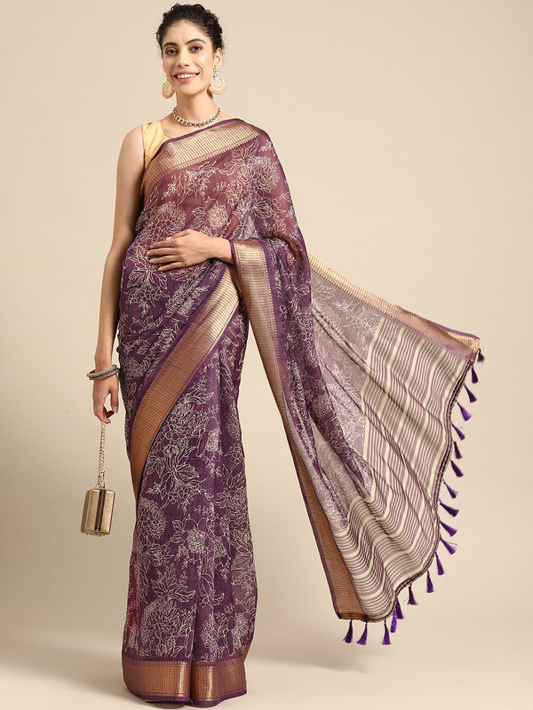 Purple floral print silk cotton saree with unstitched blouse