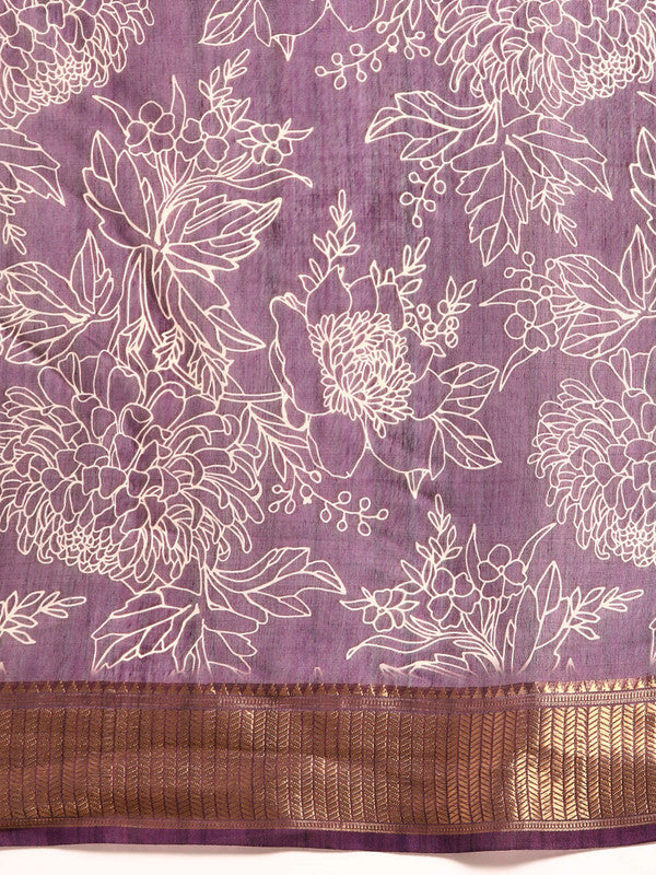 Purple Silk Cotton Saree with Floral Print and Blouse Piece