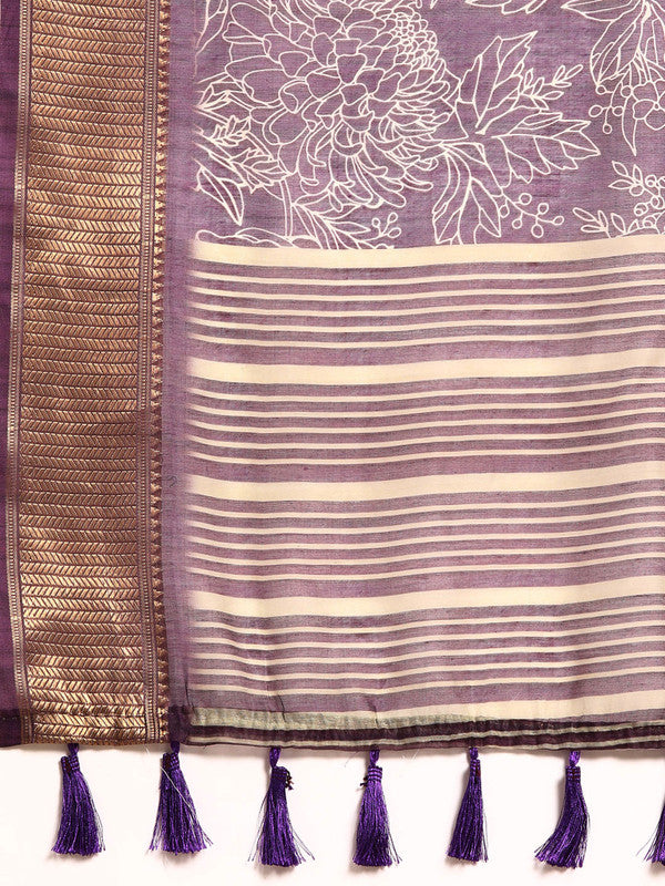 Purple Silk Cotton Saree with Floral Print and Blouse Piece