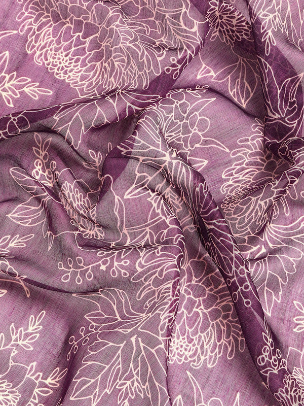 Purple Silk Cotton Saree with Floral Print and Blouse Piece