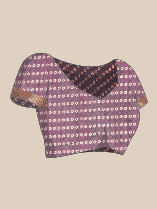 Purple Silk Cotton Saree with Floral Print and Blouse Piece