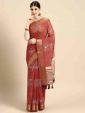 Red floral silk cotton saree with unstitched blouse piece