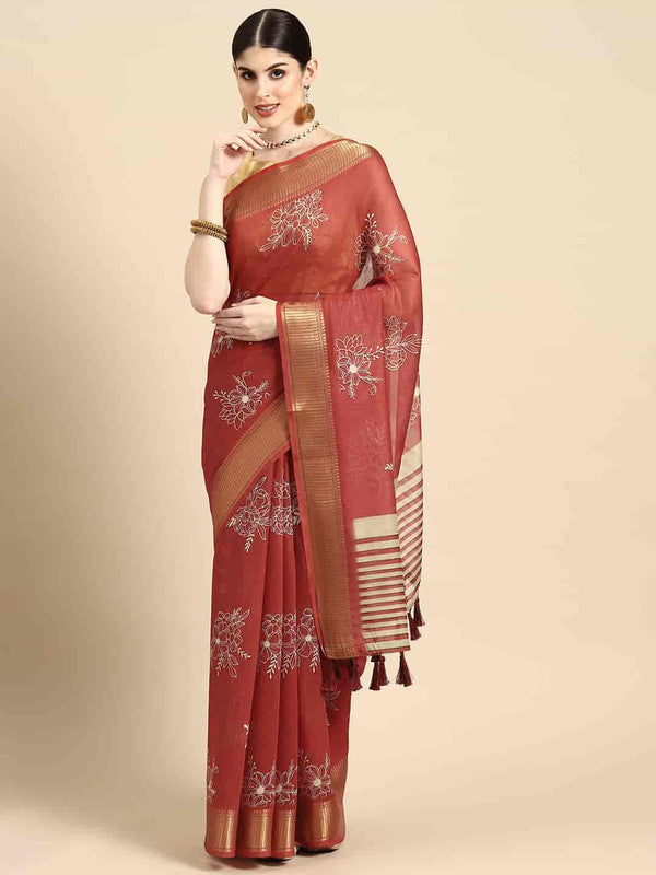 Red floral silk cotton saree with unstitched blouse piece