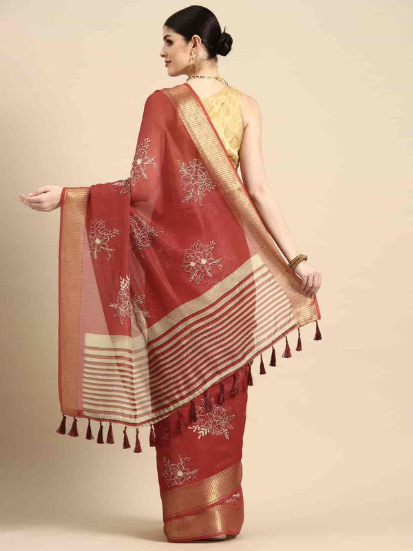Red Floral Printed Silk Cotton Saree with Unstitched Blouse