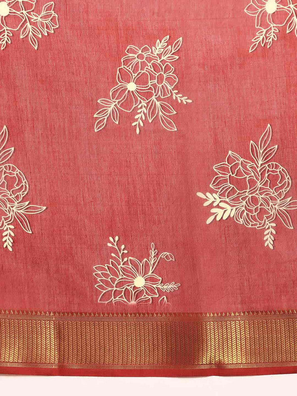 Red Floral Printed Silk Cotton Saree with Unstitched Blouse