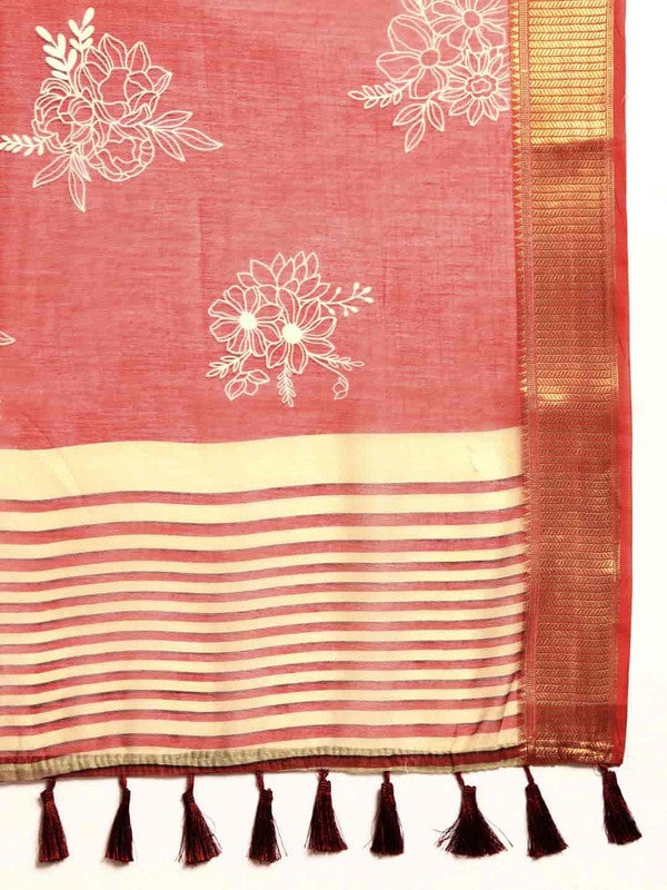 Red Floral Printed Silk Cotton Saree with Unstitched Blouse