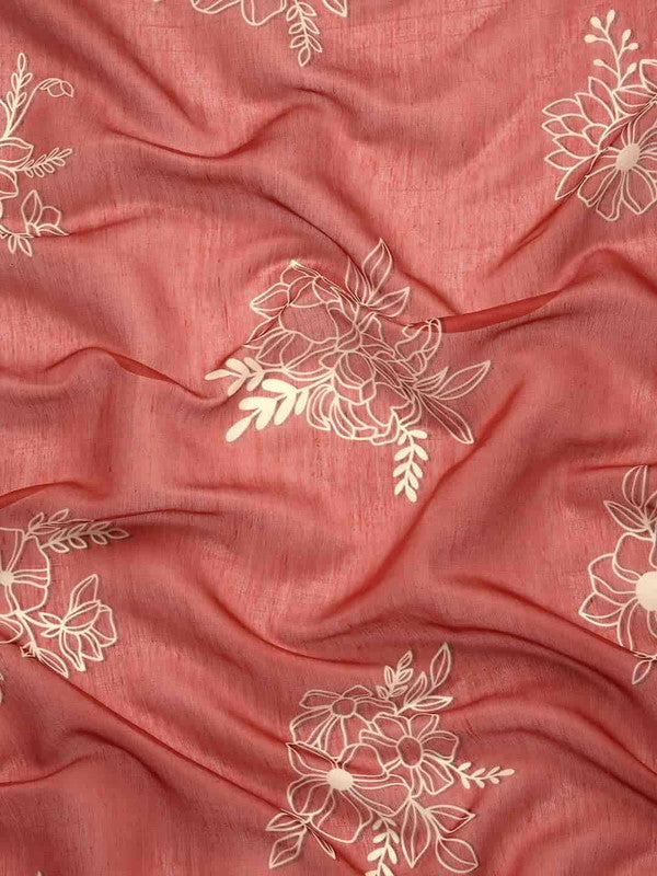 Red Floral Printed Silk Cotton Saree with Unstitched Blouse
