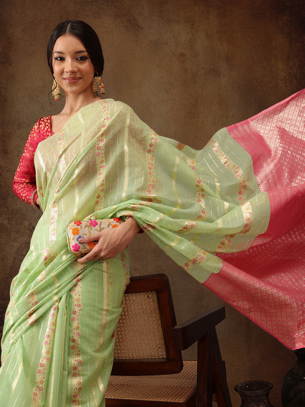 Green Cotton Woven Zari Design Floral Saree with Unstitched Blouse - Hiral Fashion