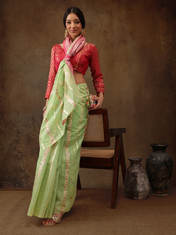 Green Cotton Woven Zari Design Floral Saree with Unstitched Blouse - Hiral Fashion