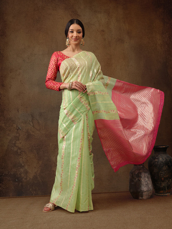 Green Cotton Woven Zari Design Floral Saree with Unstitched Blouse - Hiral Fashion