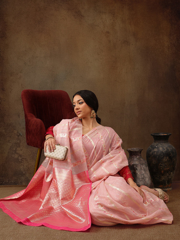 Pink Cotton Woven Zari Floral Saree with Unstitched Blouse