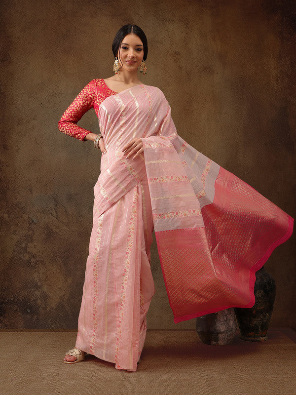 Pink Cotton Woven Zari Floral Saree with Unstitched Blouse