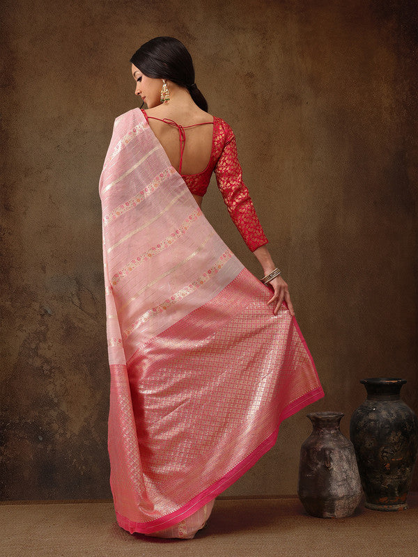 Pink Cotton Woven Zari Floral Saree with Unstitched Blouse