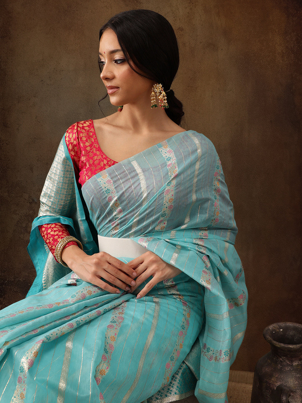 Turquoise Cotton Woven Zari Floral Saree with Unstitched Blouse