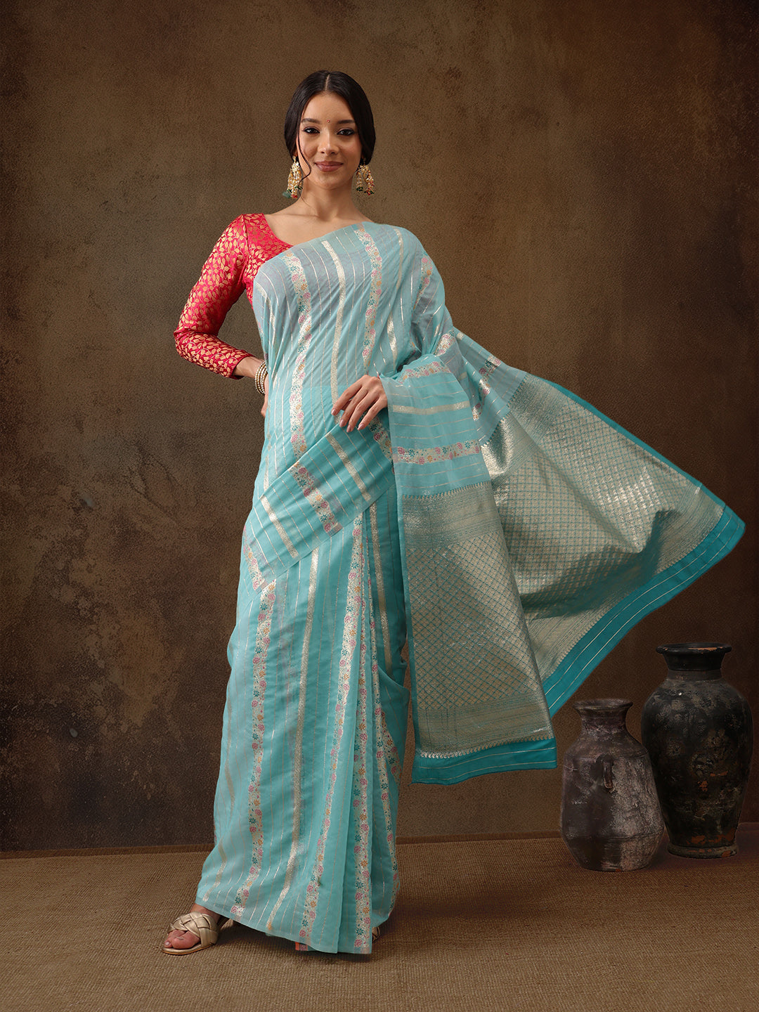 Turquoise Cotton Woven Zari Floral Saree with Unstitched Blouse