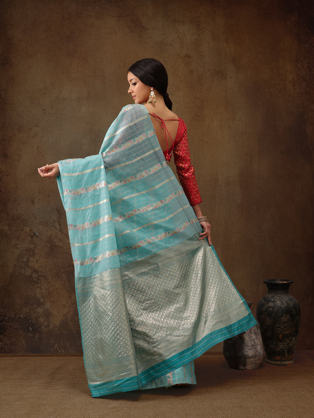 Turquoise Cotton Woven Zari Floral Saree with Unstitched Blouse