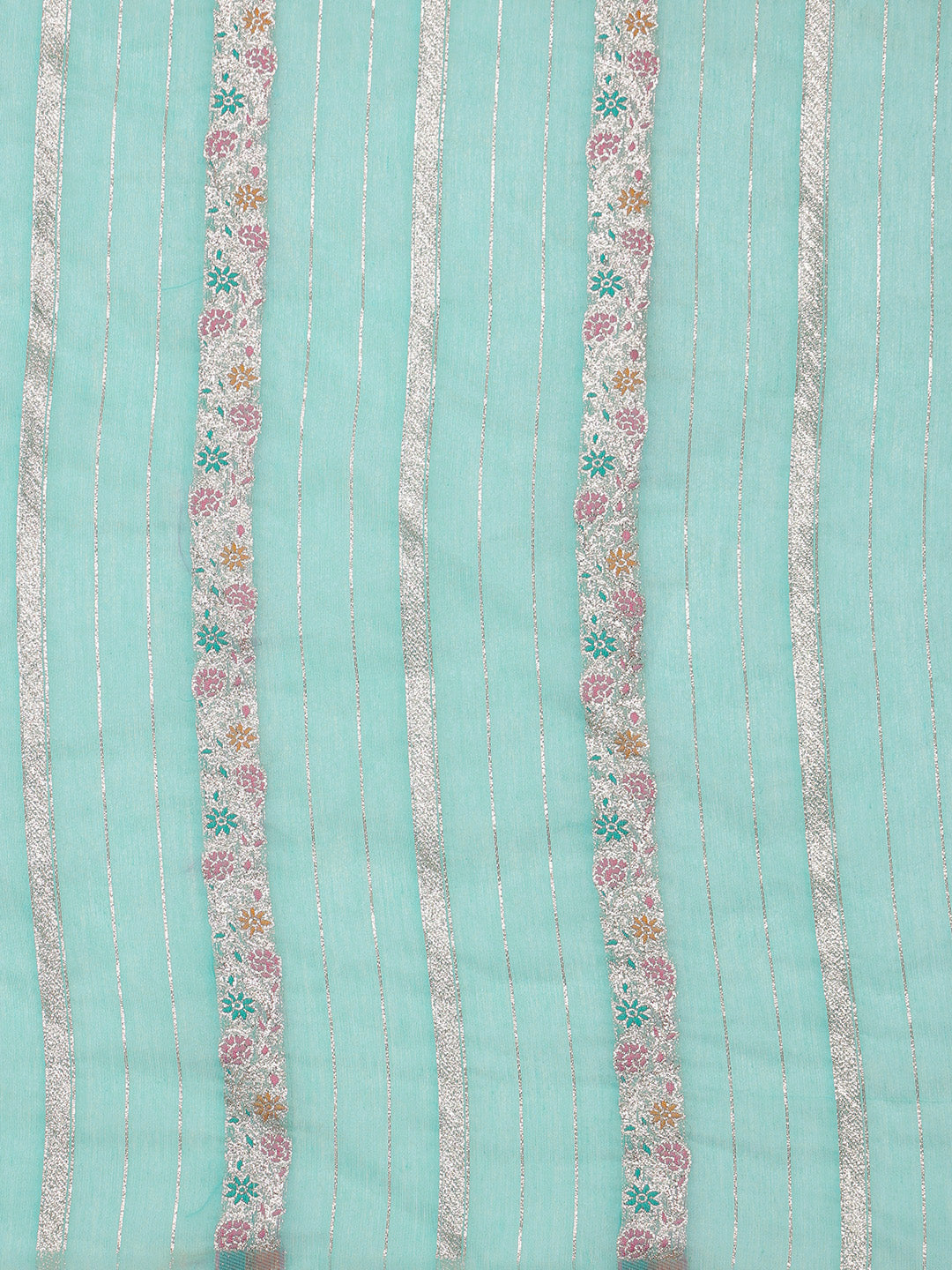 Turquoise Cotton Woven Zari Floral Saree with Unstitched Blouse