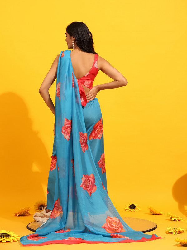 Blue Silk Blend Printed Floral Saree with Unstitched Blouse