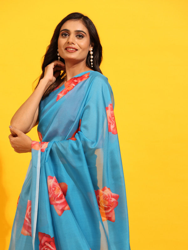 Blue Silk Blend Printed Floral Saree with Unstitched Blouse