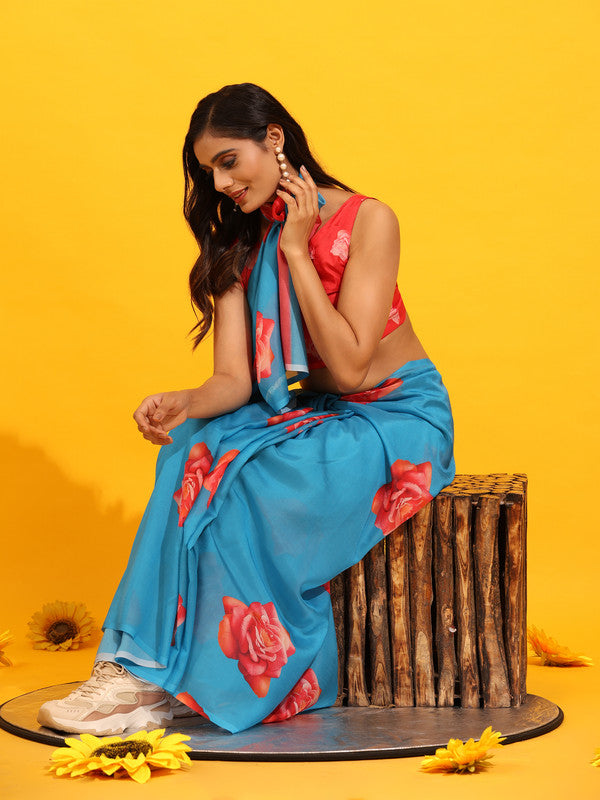 Blue Silk Blend Printed Floral Saree with Unstitched Blouse