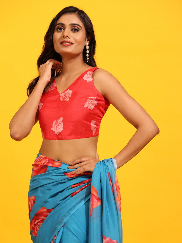 Blue Silk Blend Printed Floral Saree with Unstitched Blouse