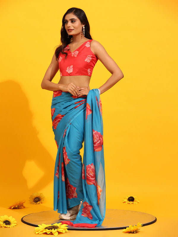 Blue Silk Blend Printed Floral Saree with Unstitched Blouse