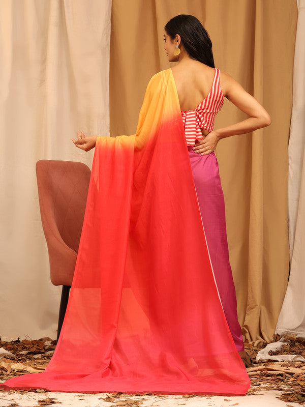 Multicolor Silk Blend Solid Printed Saree with Unstitched Blouse