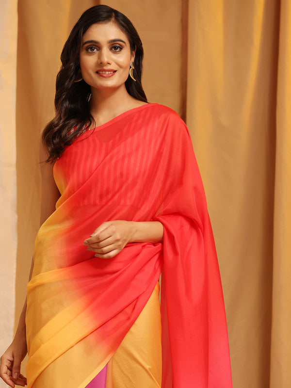 Multicolor Silk Blend Solid Printed Saree with Unstitched Blouse