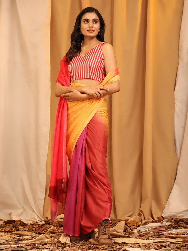 Multicolor silk blend solid printed saree with an unstitched blouse piece