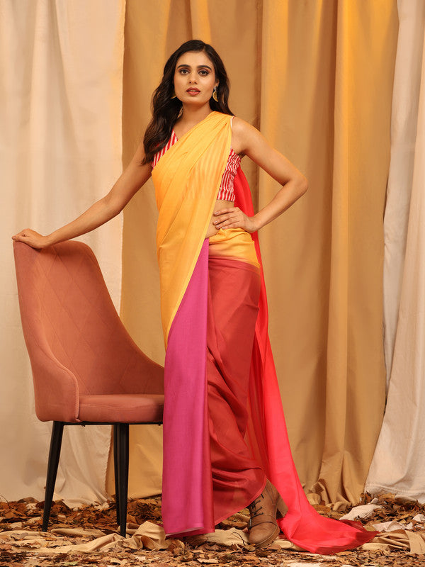 Multicolor Silk Blend Solid Printed Saree with Unstitched Blouse