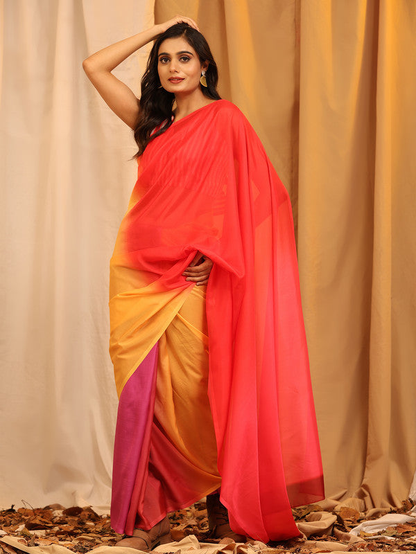 Multicolor Silk Blend Solid Printed Saree with Unstitched Blouse