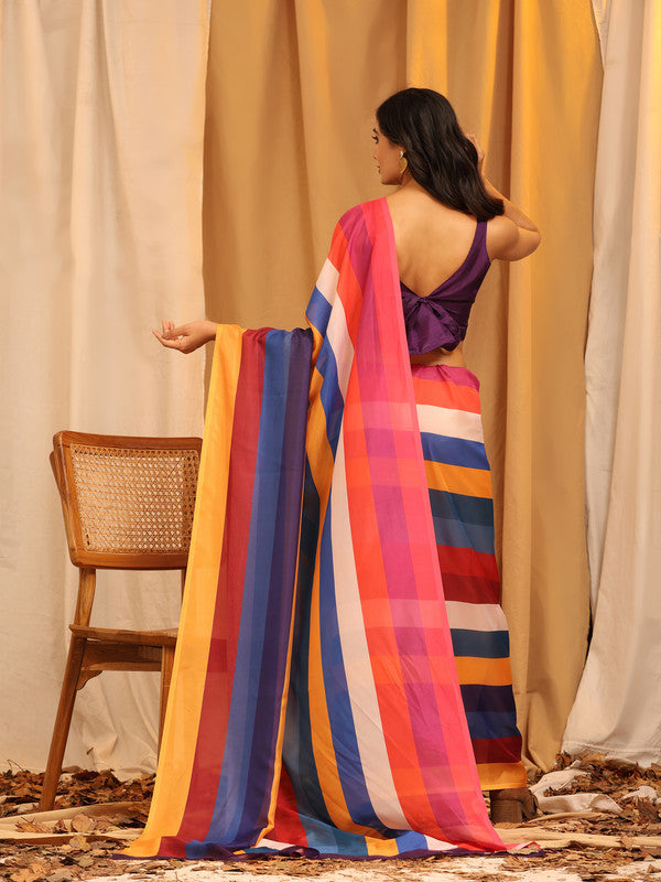 Multicolor Silk Blend Striped Print Saree with Unstitched Blouse