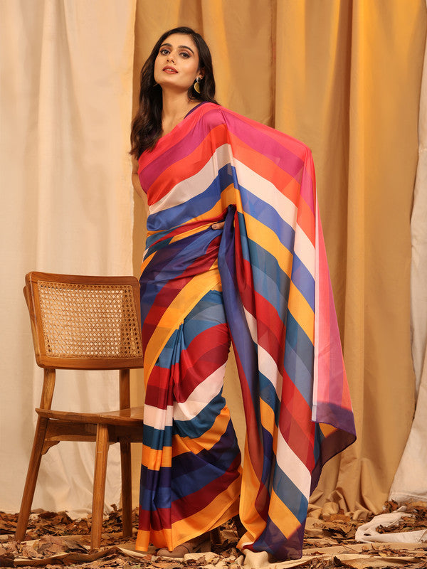 Multicolor silk blend saree featuring striped print and unstitched blouse piece