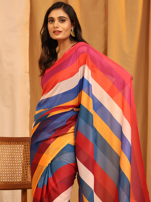 Multicolor Silk Blend Striped Print Saree with Unstitched Blouse