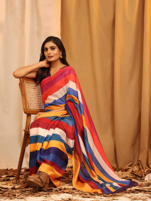 Multicolor Silk Blend Striped Print Saree with Unstitched Blouse