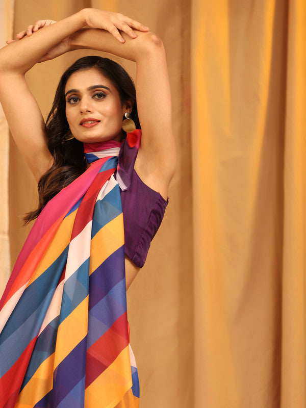 Multicolor Silk Blend Striped Print Saree with Unstitched Blouse