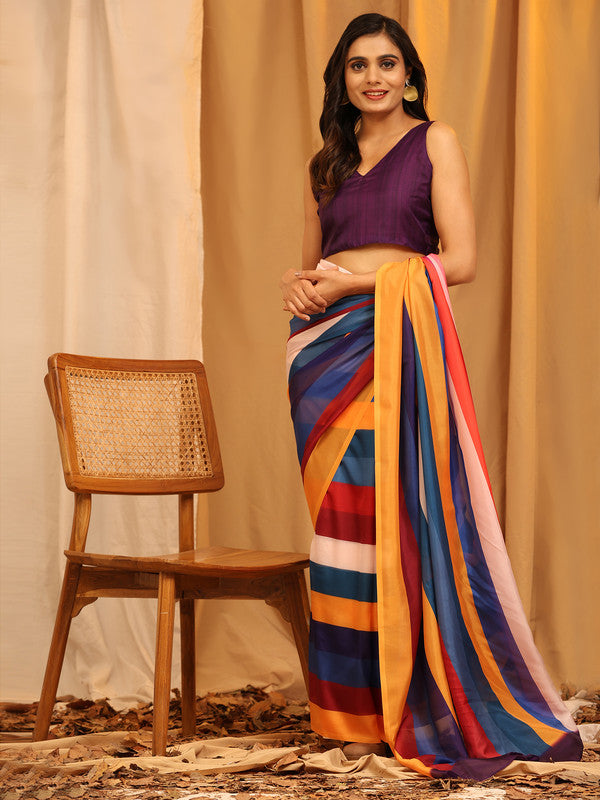 Multicolor Silk Blend Striped Print Saree with Unstitched Blouse