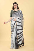 Black cotton blend printed striped saree with unstitched blouse