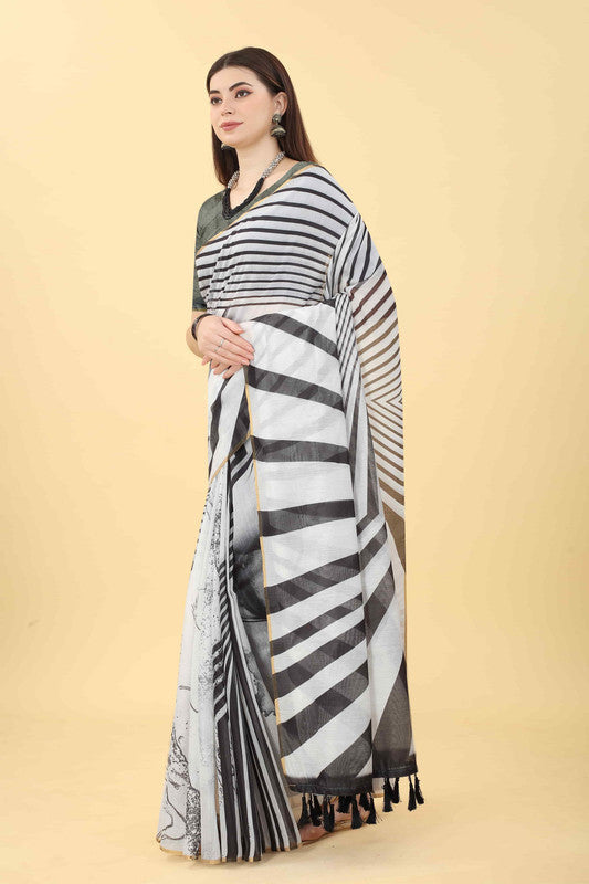 Black Cotton Blend Printed Striped Saree with Unstitched Blouse
