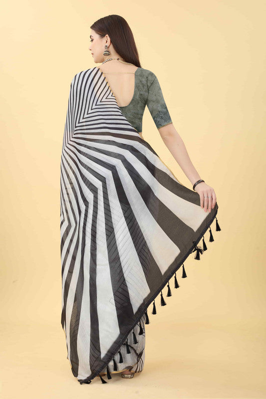 Black Cotton Blend Printed Striped Saree with Unstitched Blouse