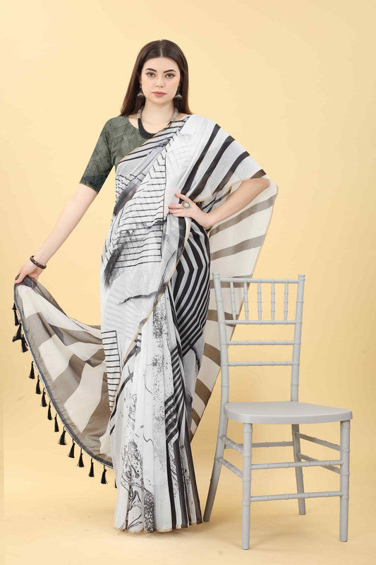 Black Cotton Blend Printed Striped Saree with Unstitched Blouse