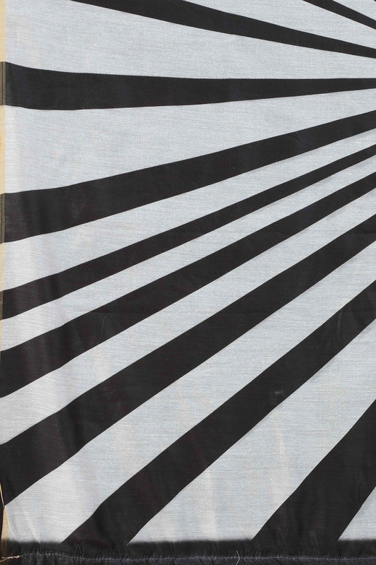 Black Cotton Blend Printed Striped Saree with Unstitched Blouse