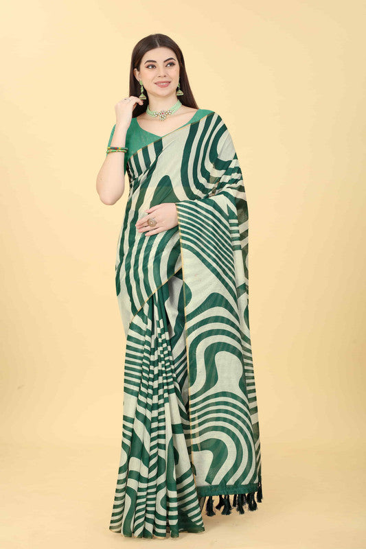 Green Cotton Blend Printed Striped Saree with Unstitched Blouse - Hiral Fashion